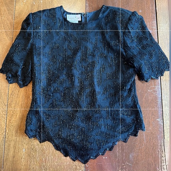 VTG Laurence Kazar Beaded Silk Top Black Sequin Evening Blouse Scalloped Size XL - Picture 3 of 10